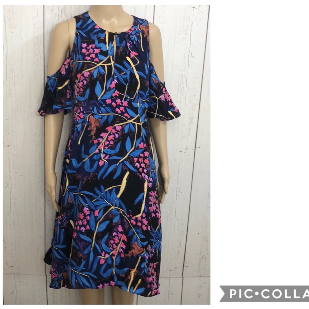 Anthro Maeve Cold Shoulder Floral Navy Dress